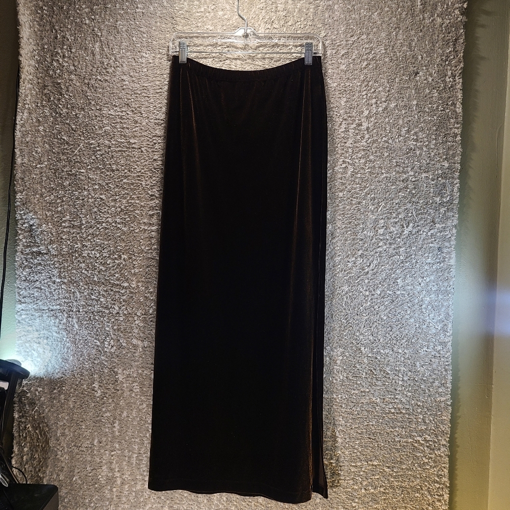 TALBOTS Brown Velvet Pull On Maxi Skirt Petite 4 Side Slit Vintage‎ Y2K